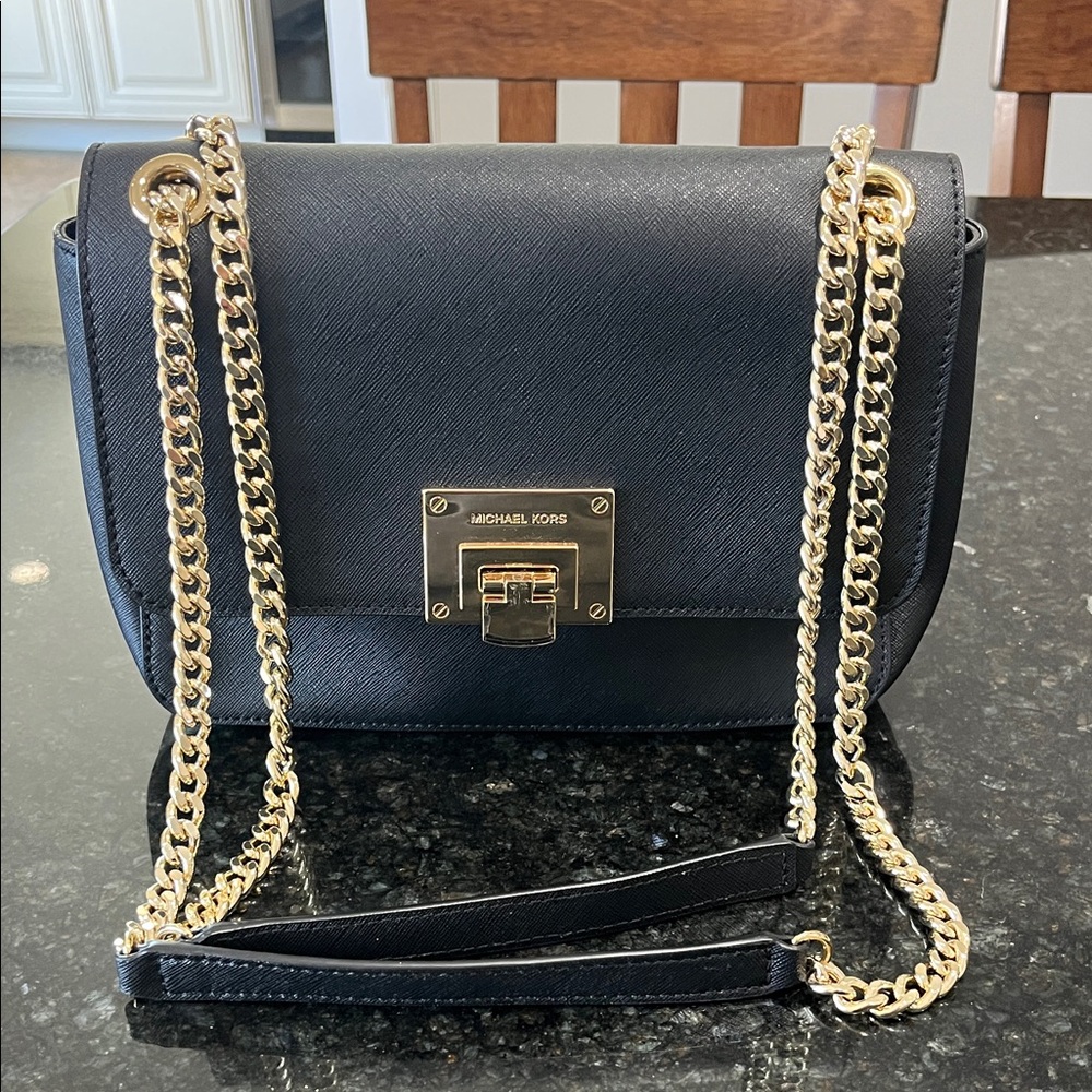 Michael Kors Black Leather Convertible Shoulder Bag with Gold Chain
